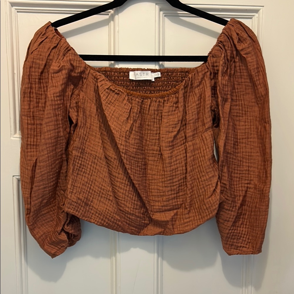 Astr rust orange Puff Sleeve Smocked Blouse, off the shoulder